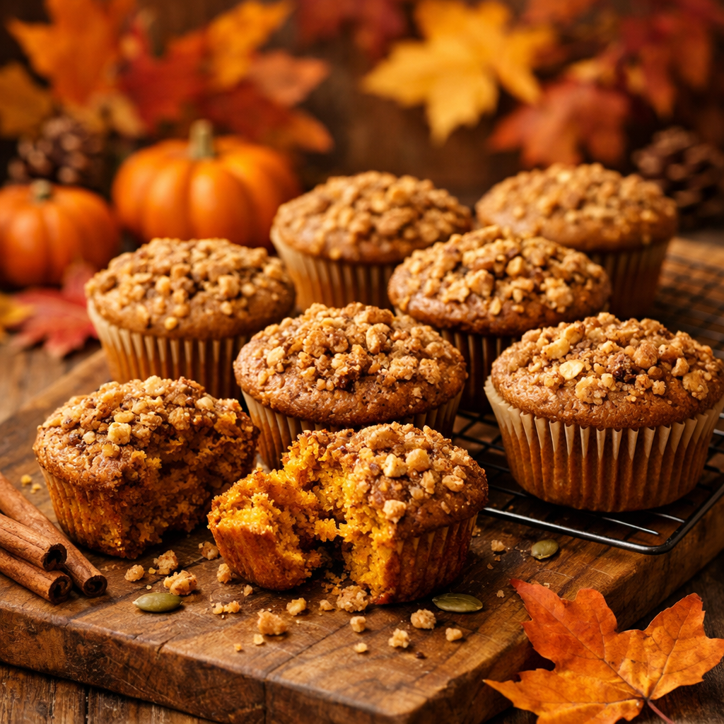 Pumpkin spice muffins with a crunchy topping, surrounded by autumn leaves and pumpkins.