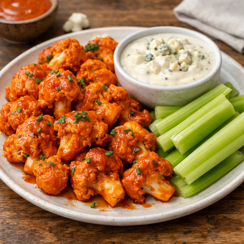 A plate of buffalo cauliflower wings served with celery and a creamy dipping sauce.