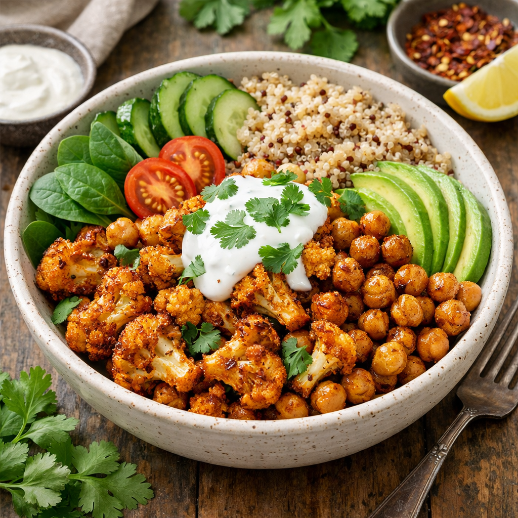 A colorful spicy cauliflower and chickpea bowl with fresh veggies and yogurt on top.