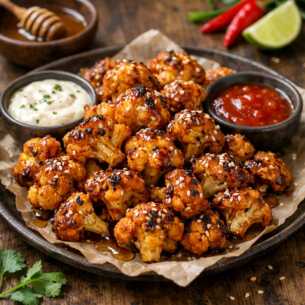 Delicious sweet and spicy cauliflower bites garnished with sesame seeds served with dipping sauces