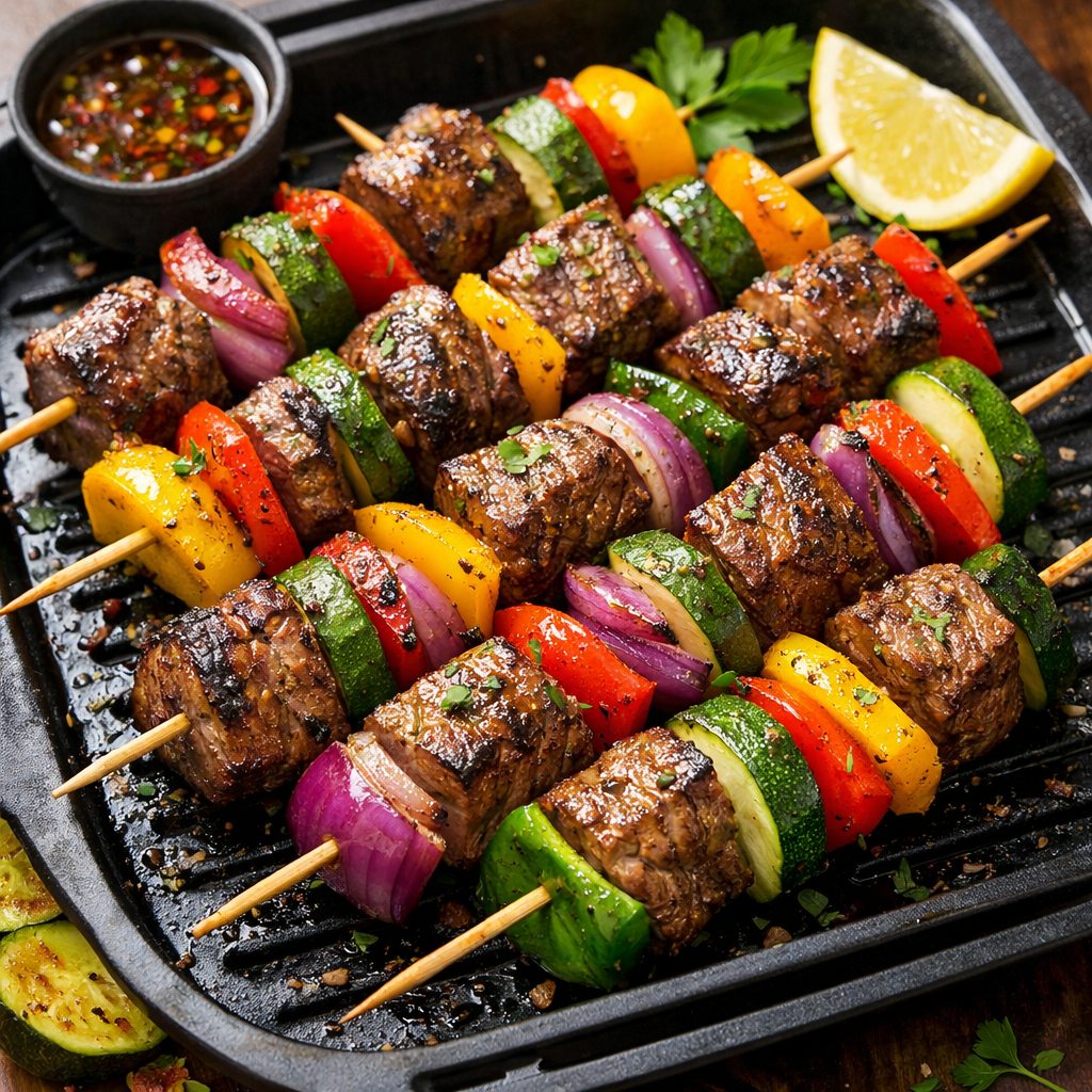 Delicious steak and veggie skewers cooked in an air fryer