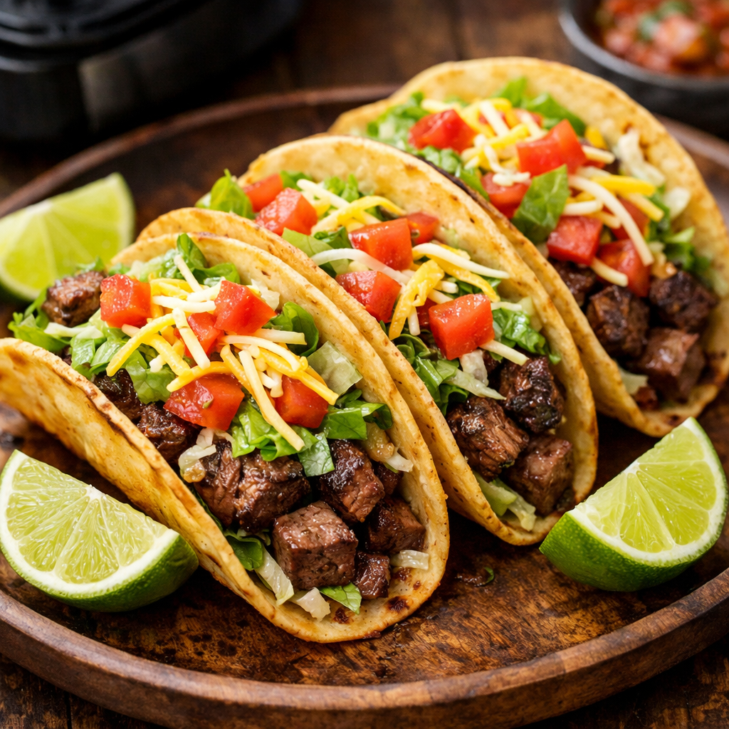 Delicious air fryer steak tacos with fresh toppings and lime wedges
