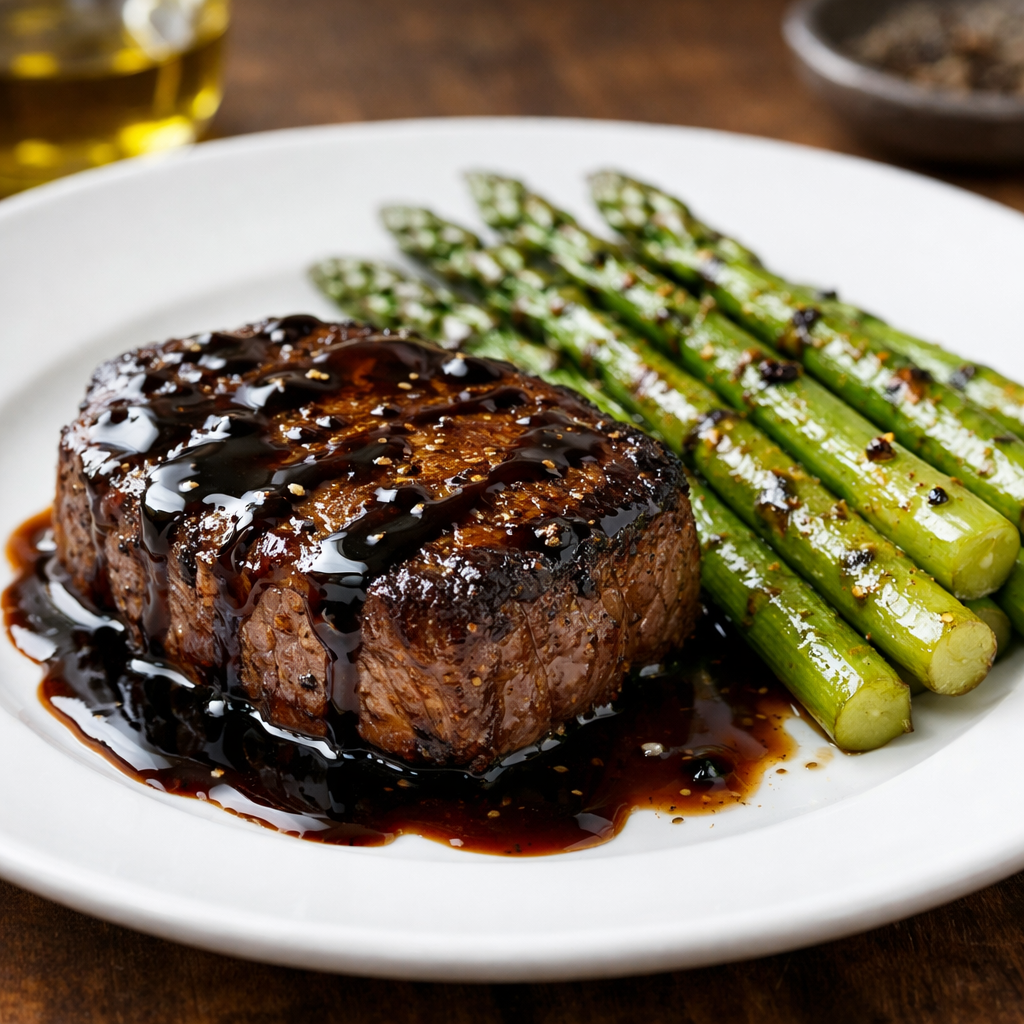 Juicy air fryer steak with a balsamic glaze served with roasted asparagus
