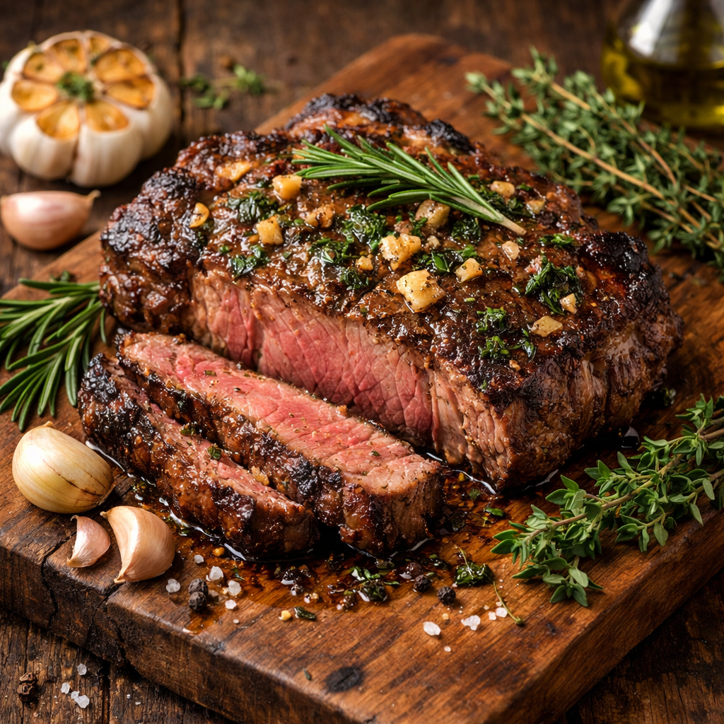 Garlic Herb Air Fryer Steak served with herbs and garlic on a wooden board.