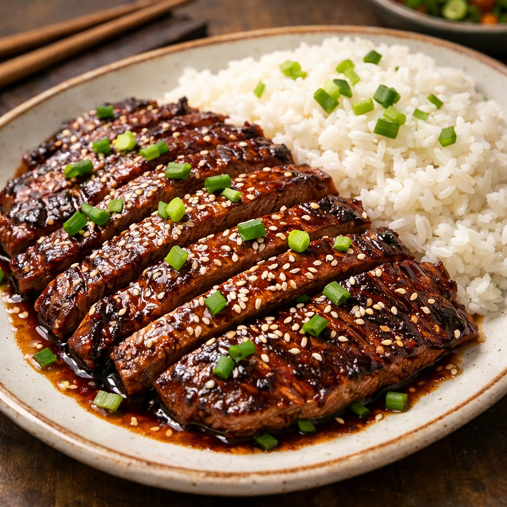 Teriyaki glazed flank steak served with rice, topped with green onions and sesame seeds.