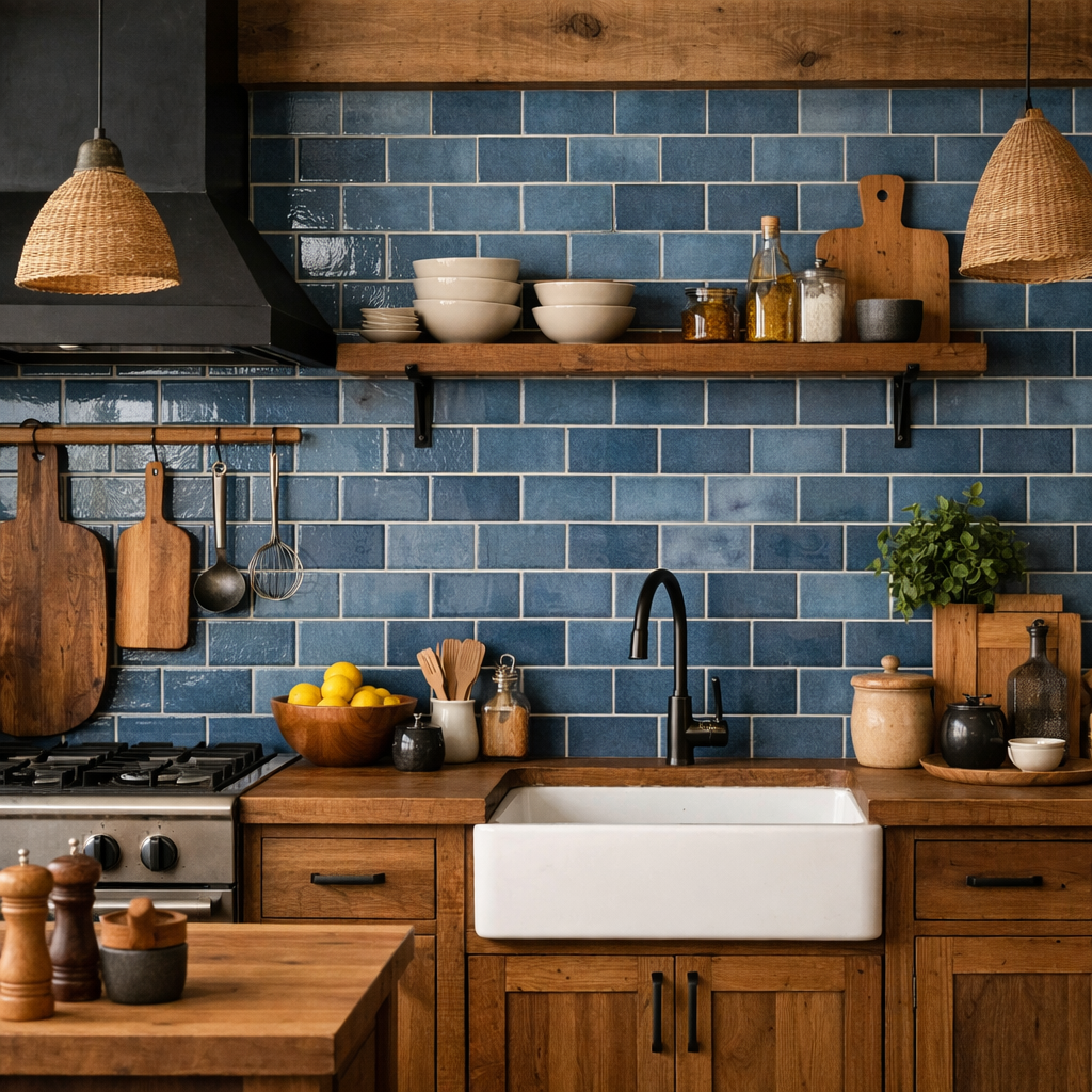 Kitchen with blue-tiled backsplash and wooden elements