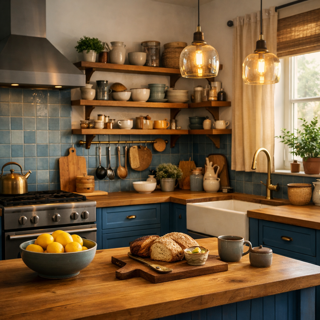 A cozy kitchen featuring blue cabinets and wooden countertops, adorned with lemons and freshly baked bread.