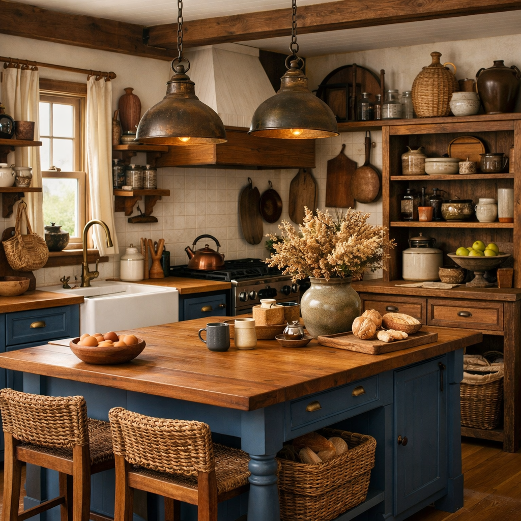 A cozy farmhouse kitchen with blue cabinetry and natural wood elements, featuring a central island and rustic decor.