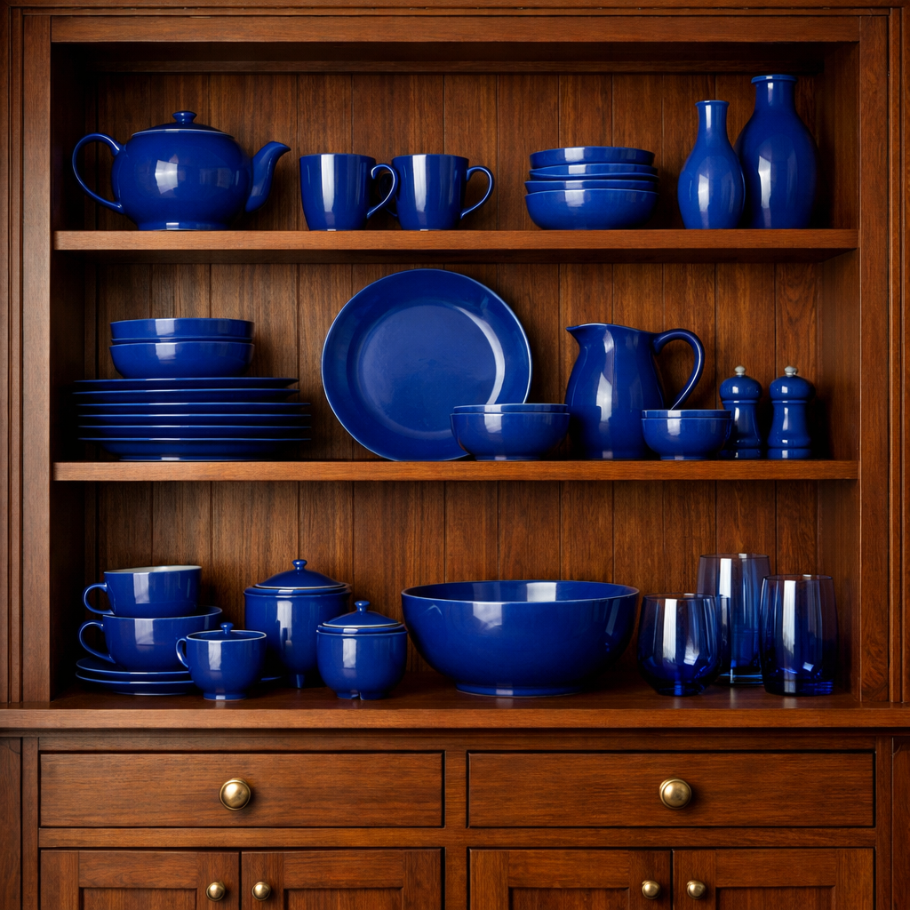 Open shelving displaying a variety of blue dishware against a wooden background.