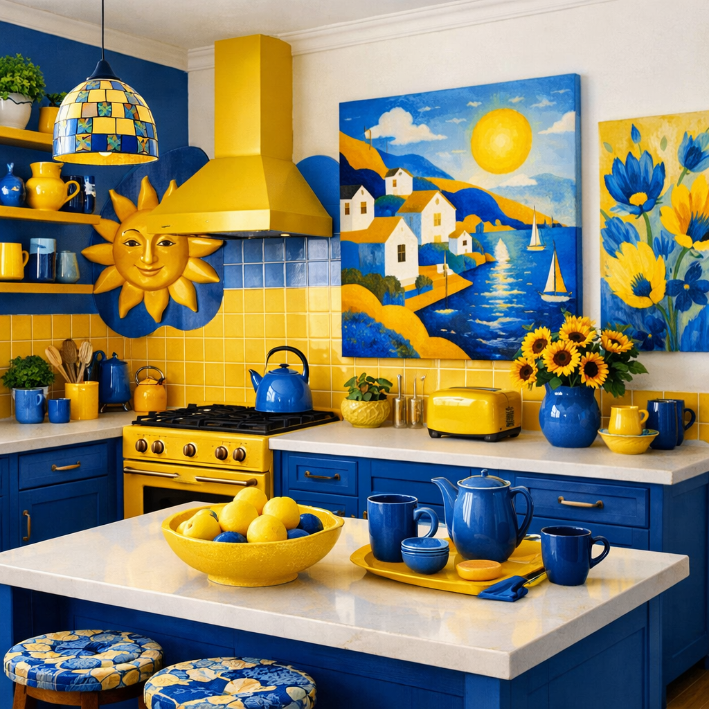 Cheerful kitchen with blue cabinetry, yellow accents, and vibrant artwork.
