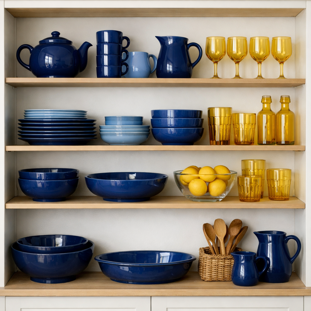 Open kitchen shelving with blue and yellow dishware, including bowls, teapots, and glasses.