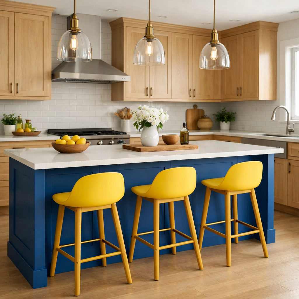 A kitchen featuring a blue island and yellow bar stools, with wood cabinetry and white countertops.