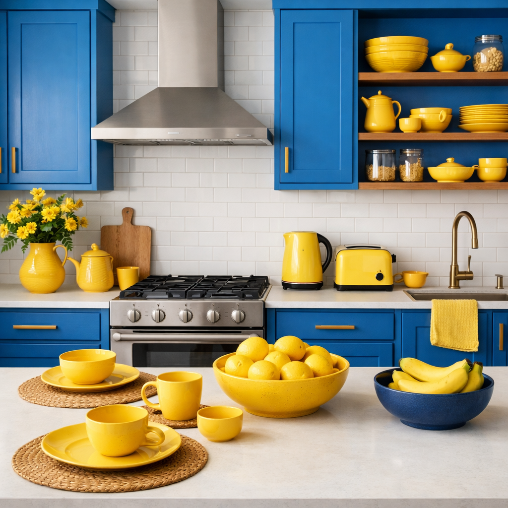 A kitchen featuring bright blue cabinets and cheerful yellow accents, including dishes and fruit bowls.