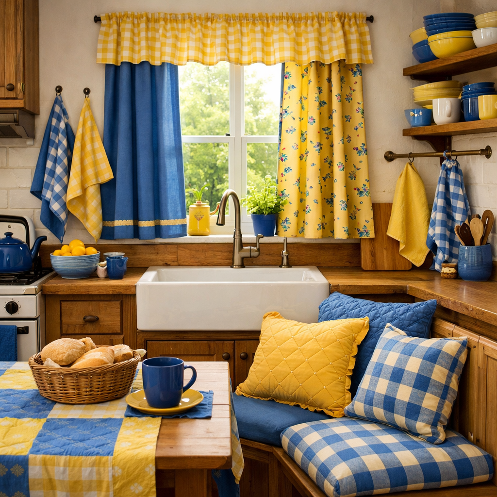A kitchen featuring a mix of blue and yellow textiles with checkered curtains, floral prints, and comfortable cushions.