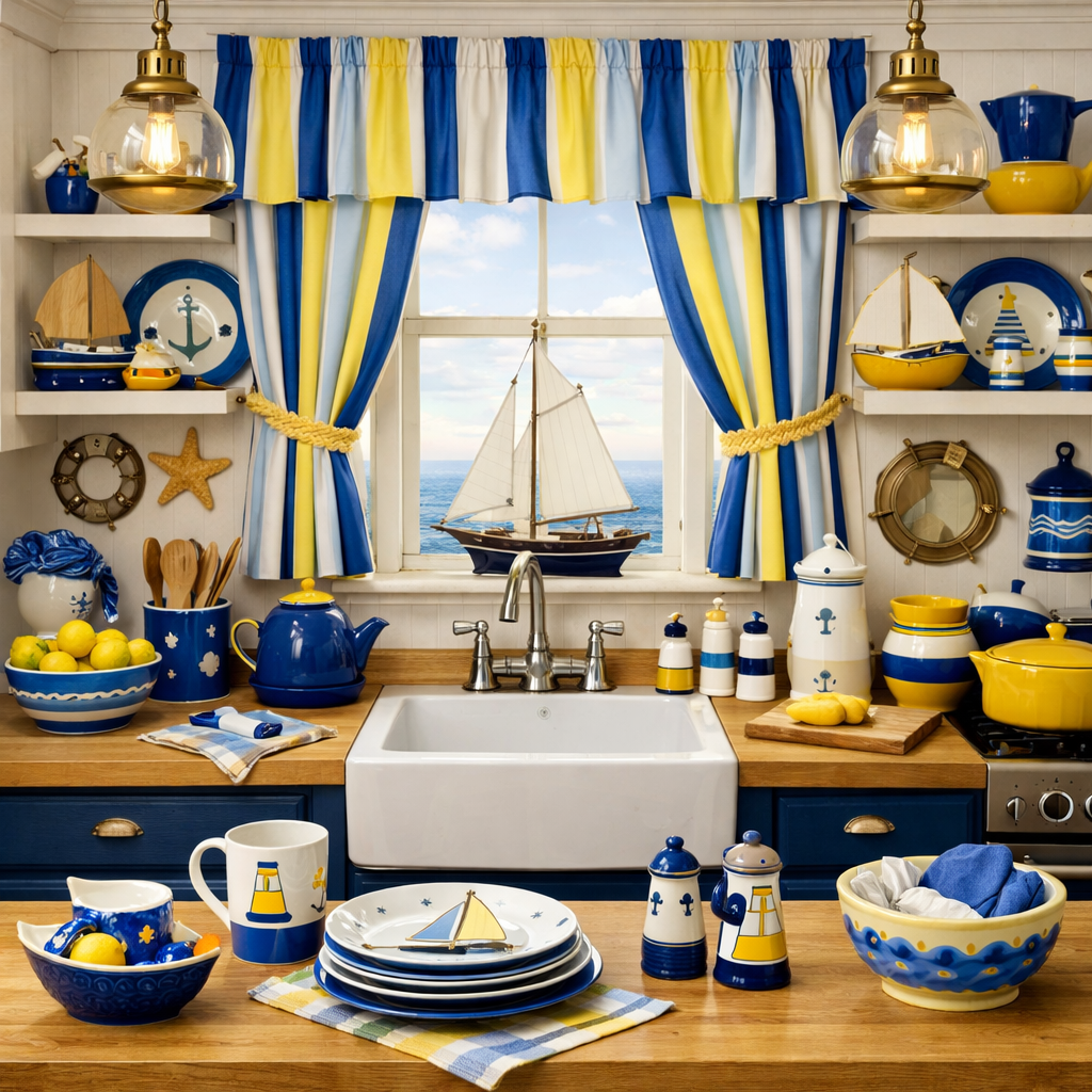 A nautical-themed kitchen with blue and yellow decor, featuring patterned curtains, plates, and decorative elements.