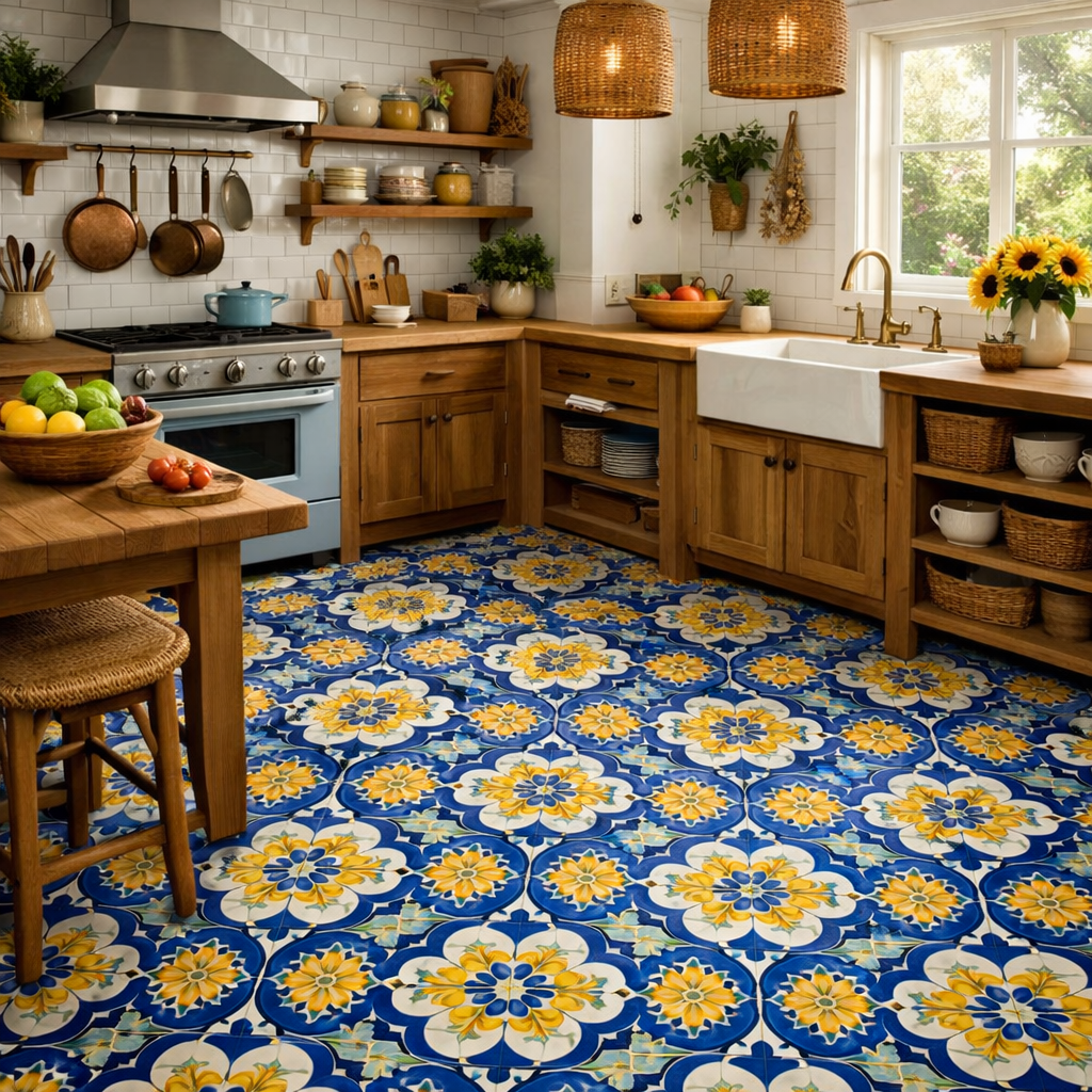A kitchen featuring vibrant blue and yellow patterned floor tiles with wooden cabinets and open shelving.
