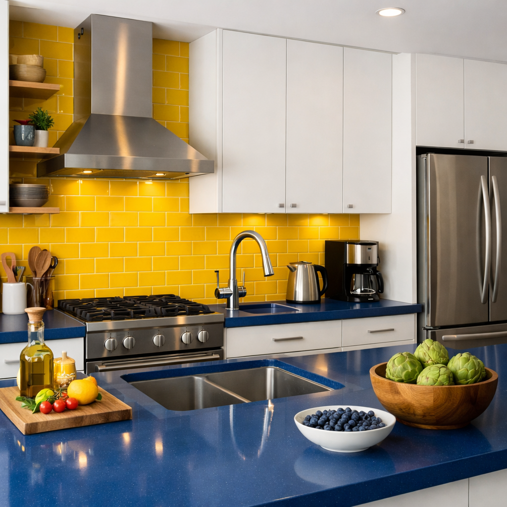 A modern kitchen featuring a yellow tile backsplash and blue countertops.