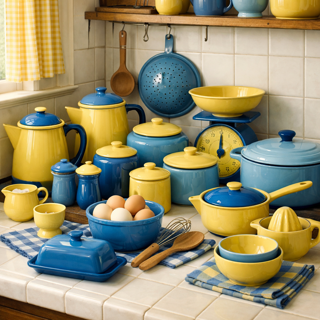 A collection of vintage blue and yellow kitchenware arranged on a kitchen counter.