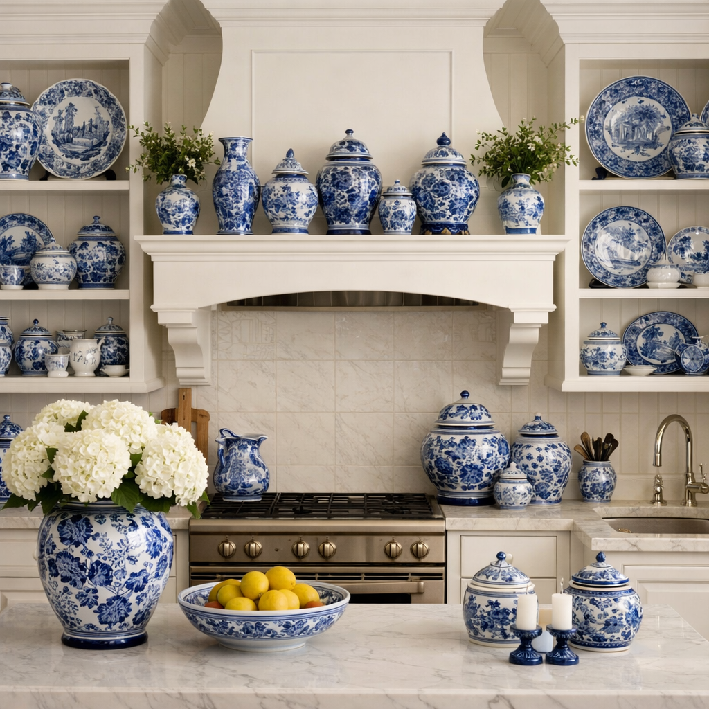 A beautifully decorated kitchen featuring blue and white porcelain decor elements on shelves and countertops.