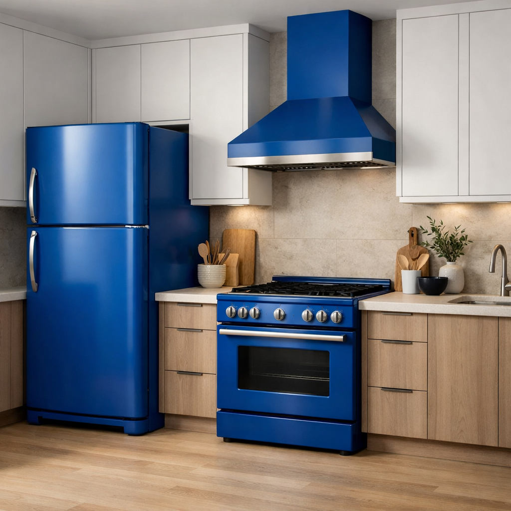A modern kitchen featuring bold blue appliances including a fridge, stove, and hood.
