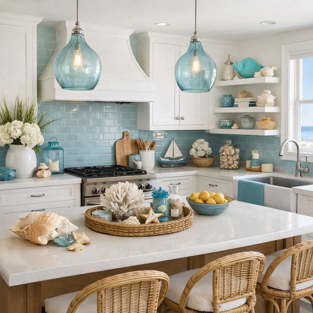A bright coastal kitchen featuring blue accents, natural decor and a welcoming atmosphere.