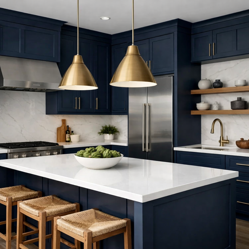 A stylish kitchen featuring elegant navy cabinets, a white countertop, and warm gold accents.
