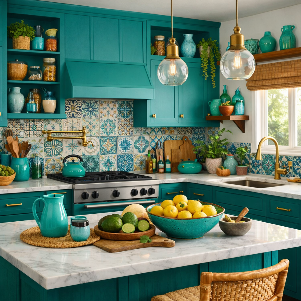 A teal and turquoise kitchen with vibrant decor and natural elements.