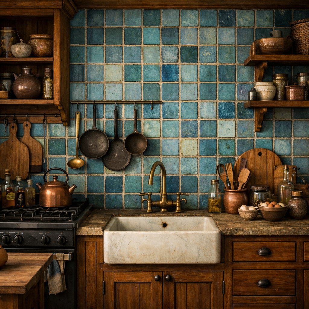 Vintage blue tile backsplash in a rustic kitchen with wooden cabinets and utensils.