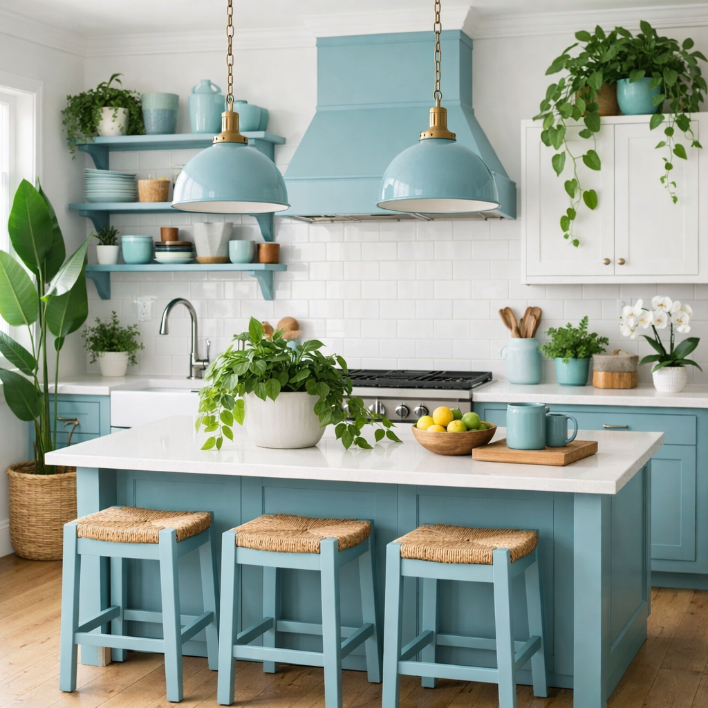 A bright kitchen featuring duck egg blue accents in cabinetry and decor, contrasted with white walls and shelves. The space includes plants and stylish light fixtures.