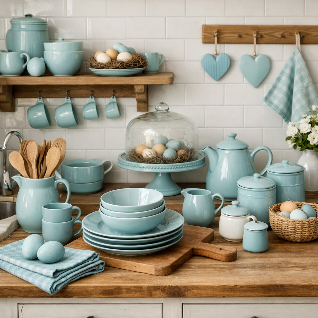 A stylish kitchen display featuring duck egg blue accessories including teapots, dishes, and decorative elements.