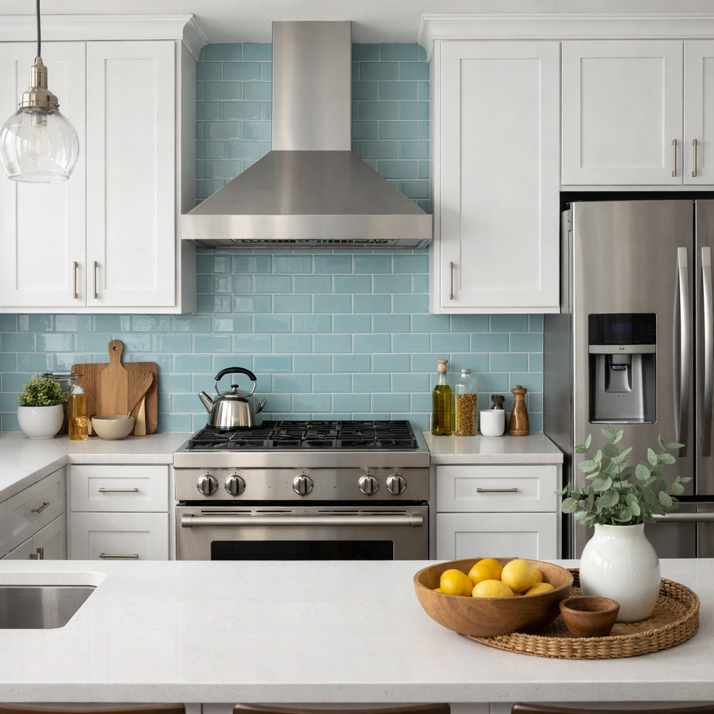 A kitchen with a duck egg blue backsplash, white cabinets, stainless steel appliances, and a modern design.