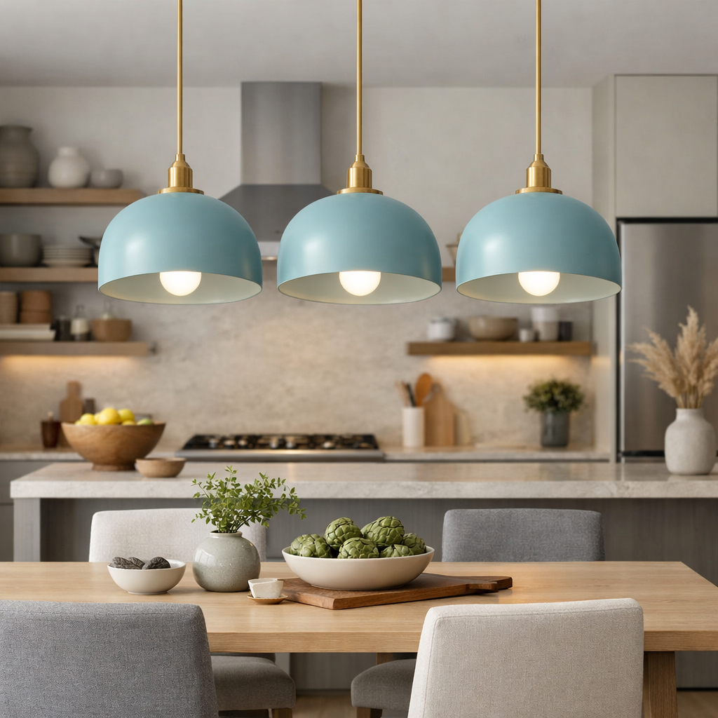 Three duck egg blue pendant lights hanging over a kitchen table with wooden accents and plants