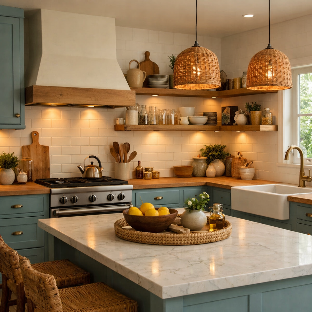 A stylish kitchen featuring duck egg blue cabinets, natural wood elements, and warm lighting.