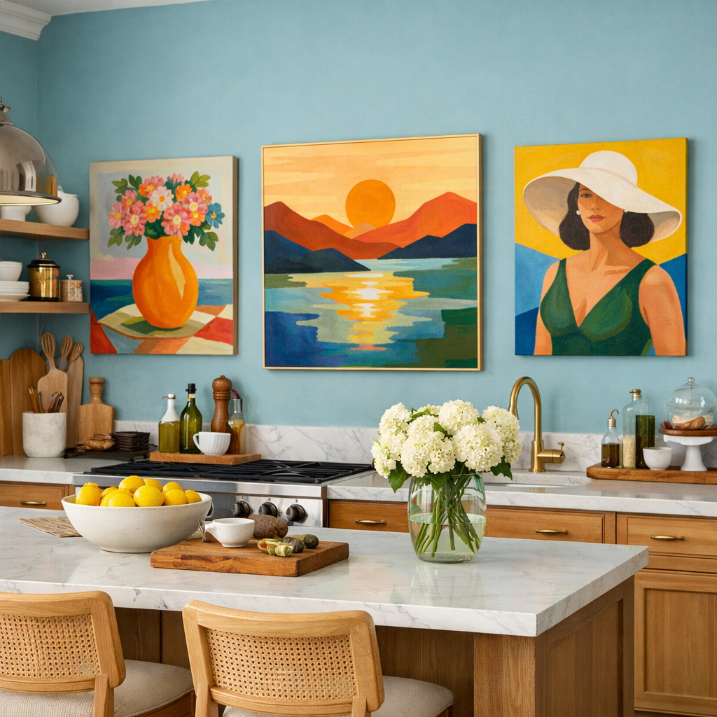 A kitchen featuring duck egg blue walls, vibrant art on display, and a stylish countertop arrangement.