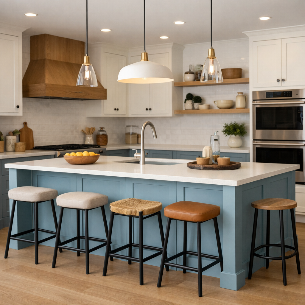 Modern kitchen featuring a duck egg blue kitchen island with various stools, white countertops, and wooden accents.