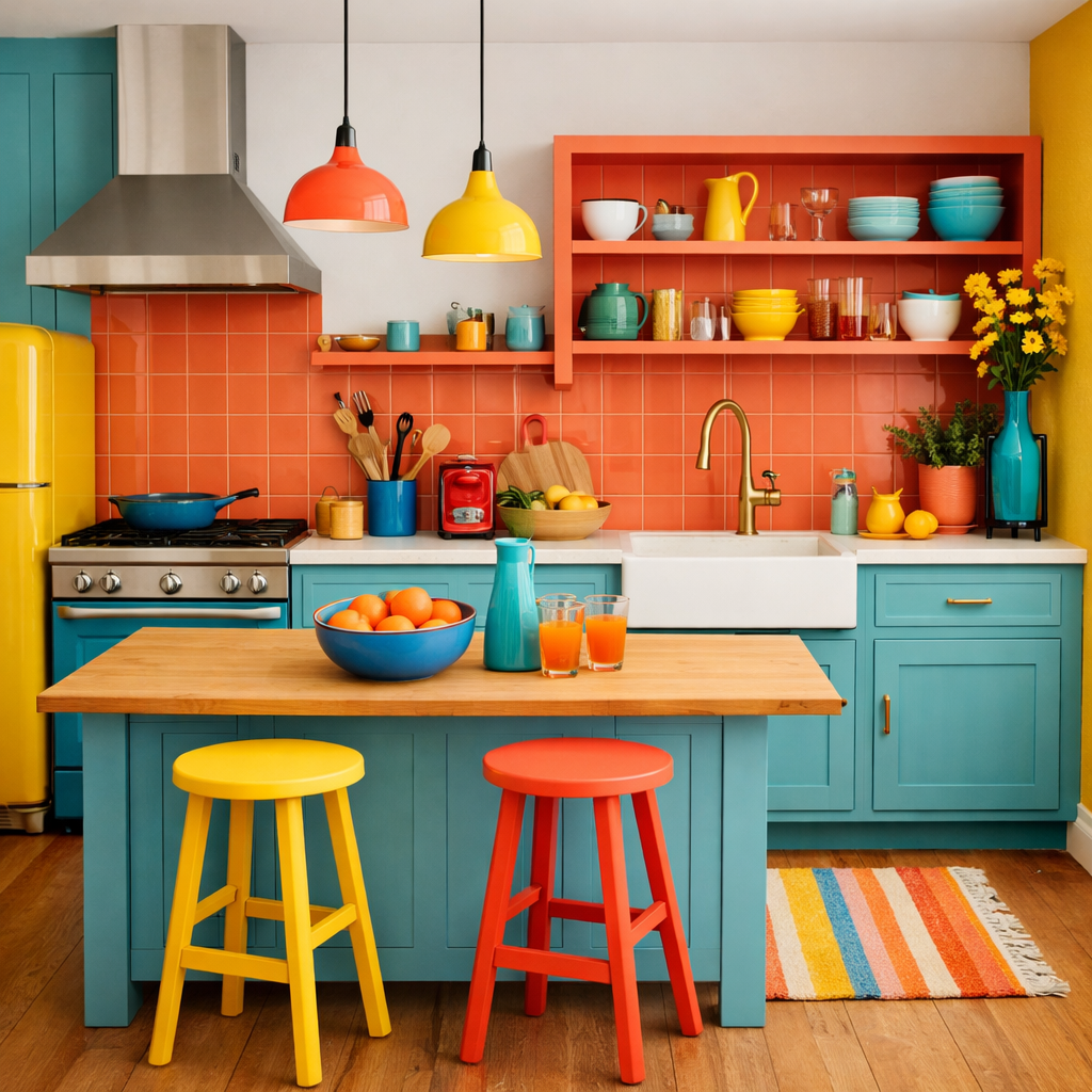 A duck egg blue kitchen with bold orange and yellow accents, featuring colorful dishware and wooden elements.