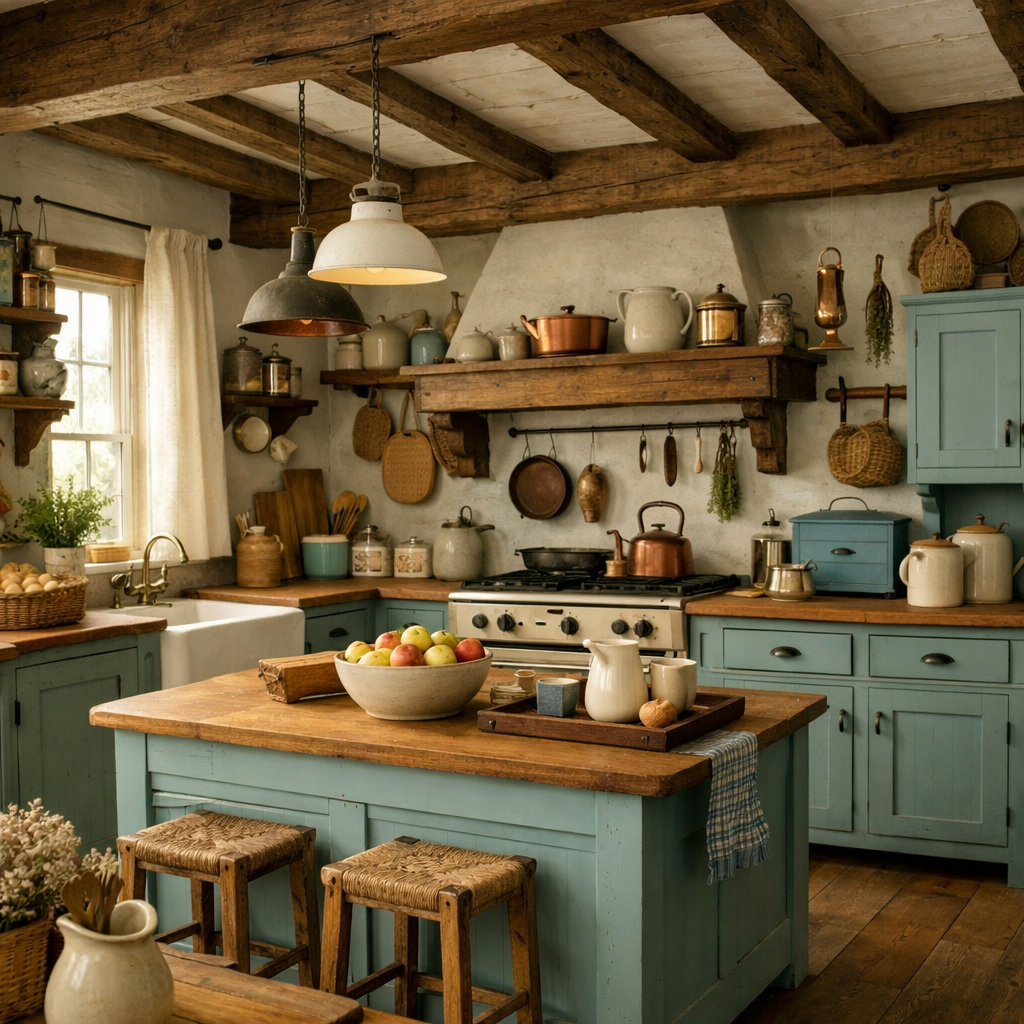 A rustic kitchen with duck egg blue cabinets, wooden beams, and vintage kitchenware.