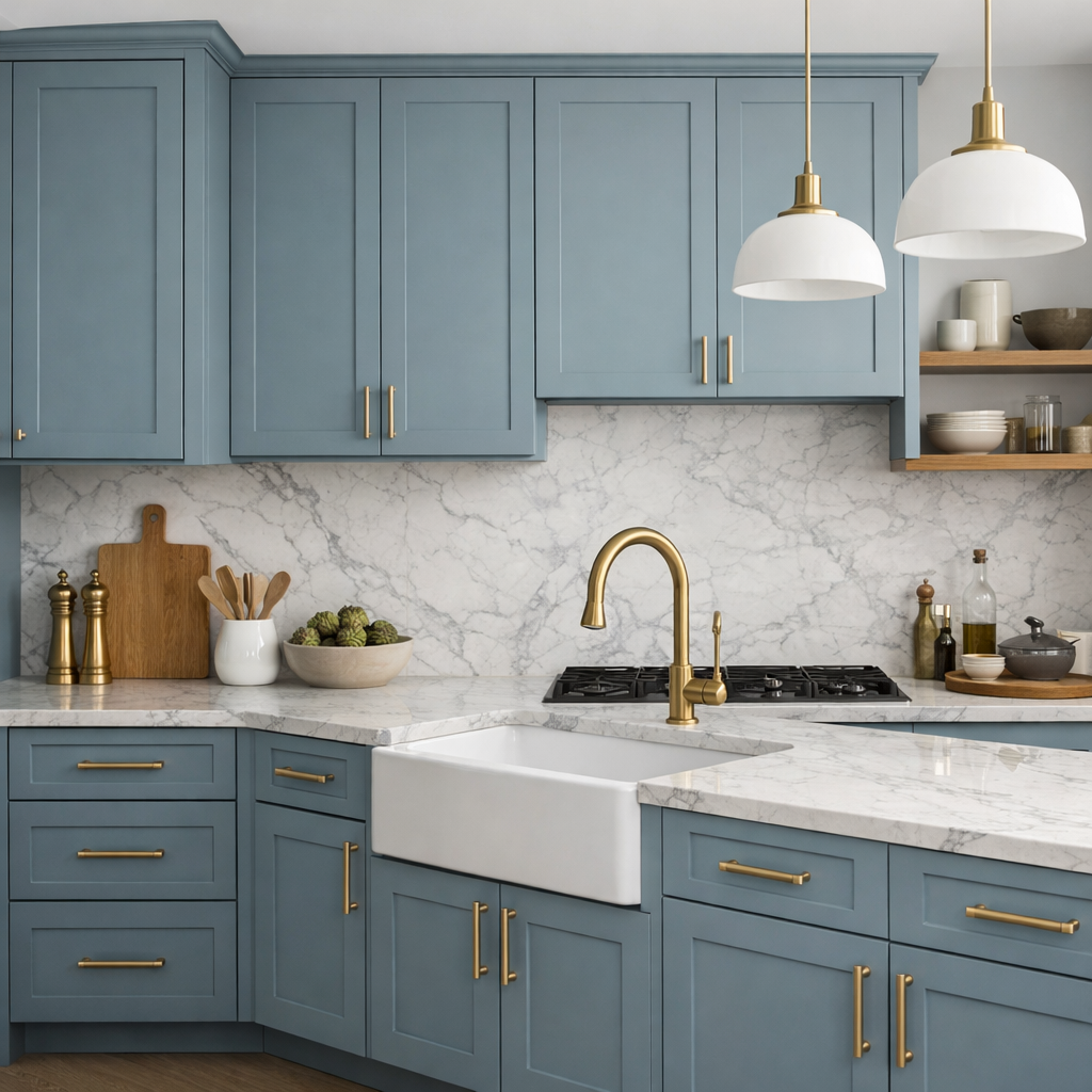 Sophisticated duck egg blue kitchen cabinets with gold hardware and marble countertop