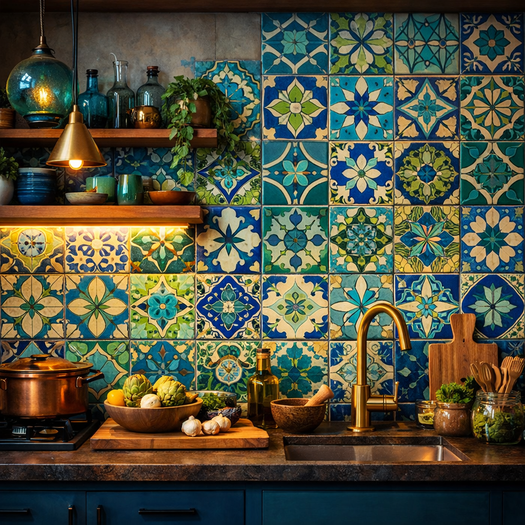 A kitchen featuring a blue and green tile backsplash with vibrant patterns, wooden shelves, and fresh ingredients on the counter.