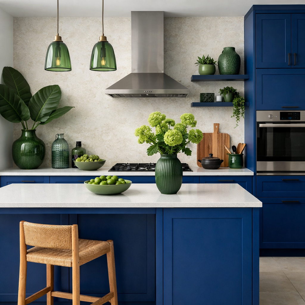 A modern kitchen featuring bold blue cabinets and green accent decorations, creating a lively atmosphere.