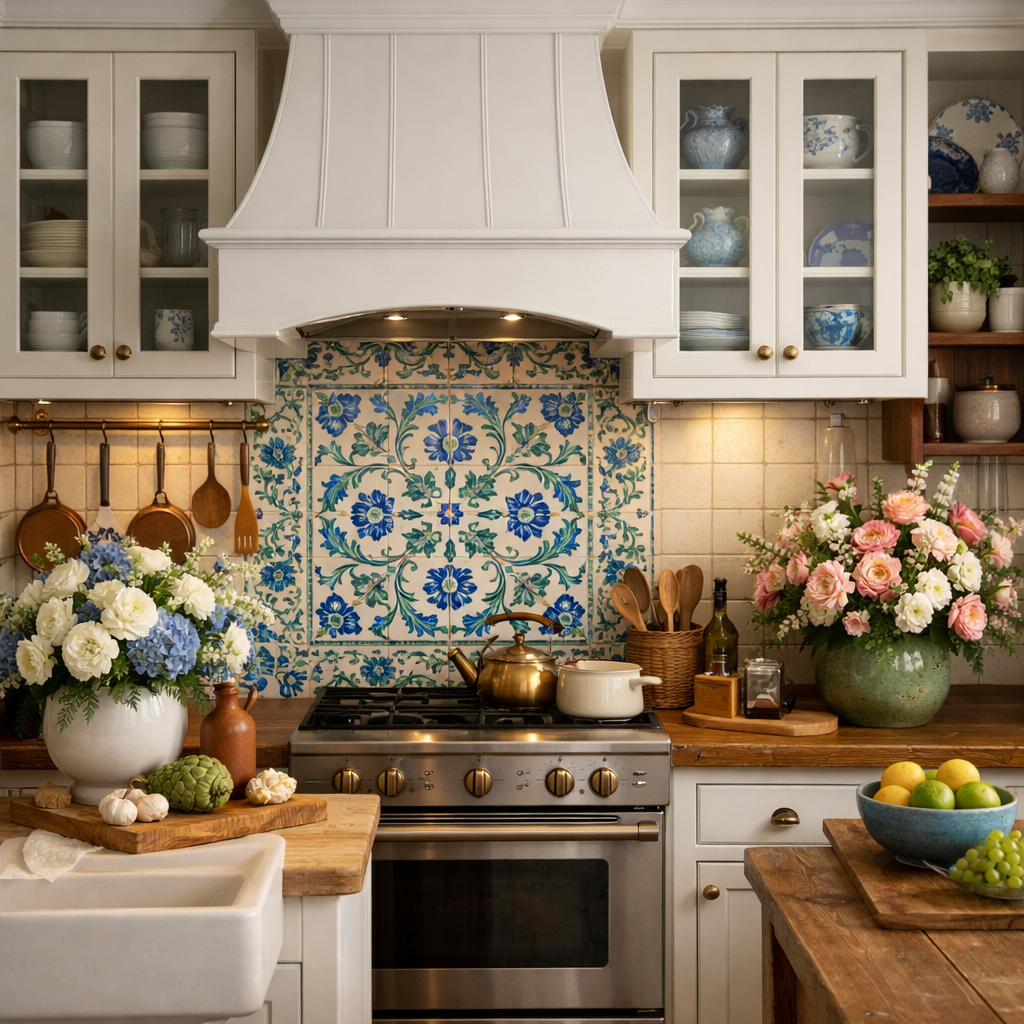 A classic kitchen with white cabinets and a blue-green backsplash, featuring floral designs and decorative accents.