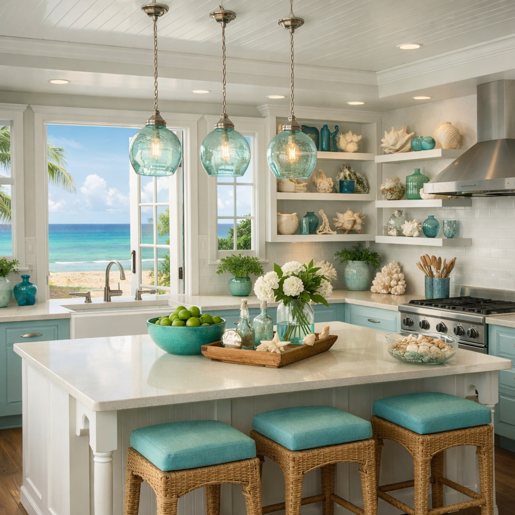 Coastal-inspired kitchen with blue and green colors, ocean view, and fresh fruit display.