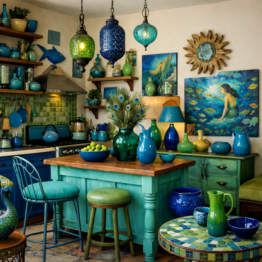 A colorful kitchen featuring blue and green accessories, vibrant vases, and artistic decor.