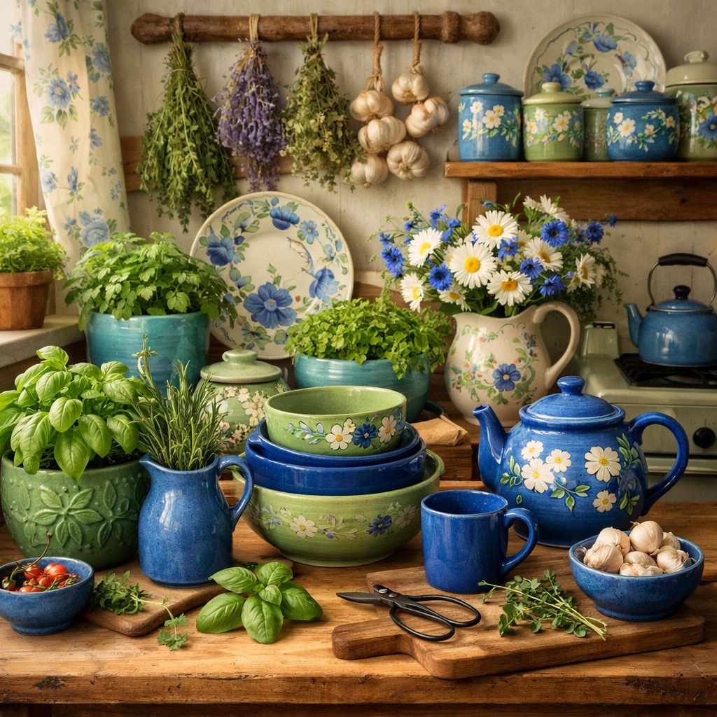 A cozy kitchen scene featuring blue and green decor with herbs, flowers, and colorful dishware.