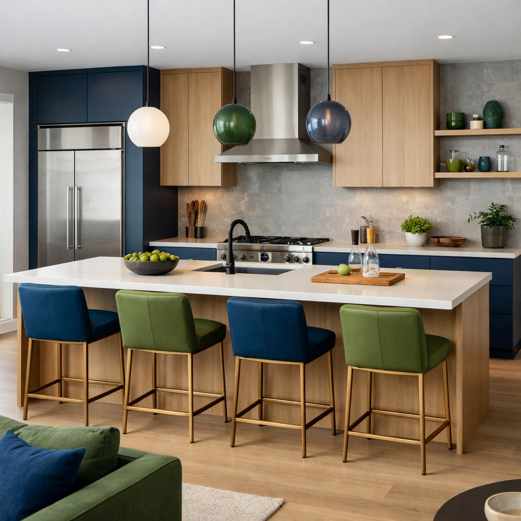 A modern kitchen with blue cabinetry, green bar stools, and pendant lights in varying shades.