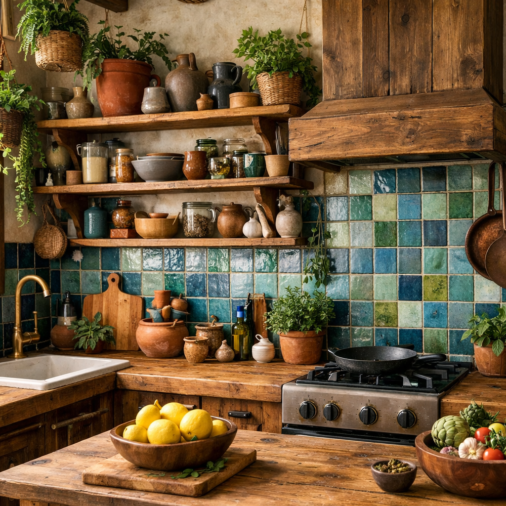 Cozy kitchen with blue and green tiles, wooden shelves, and natural elements