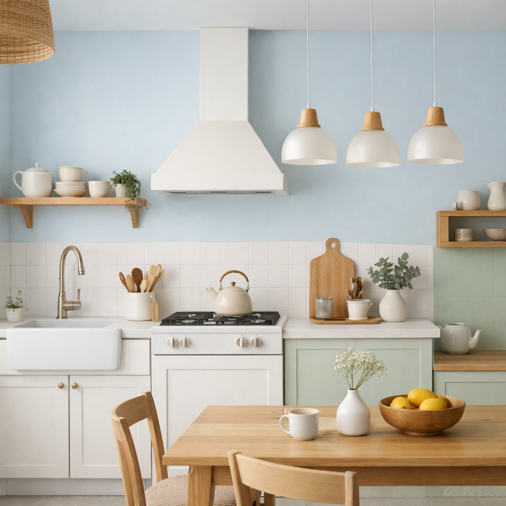 A pastel blue and mint green kitchen with wooden accents, showcasing a cozy and inviting design.