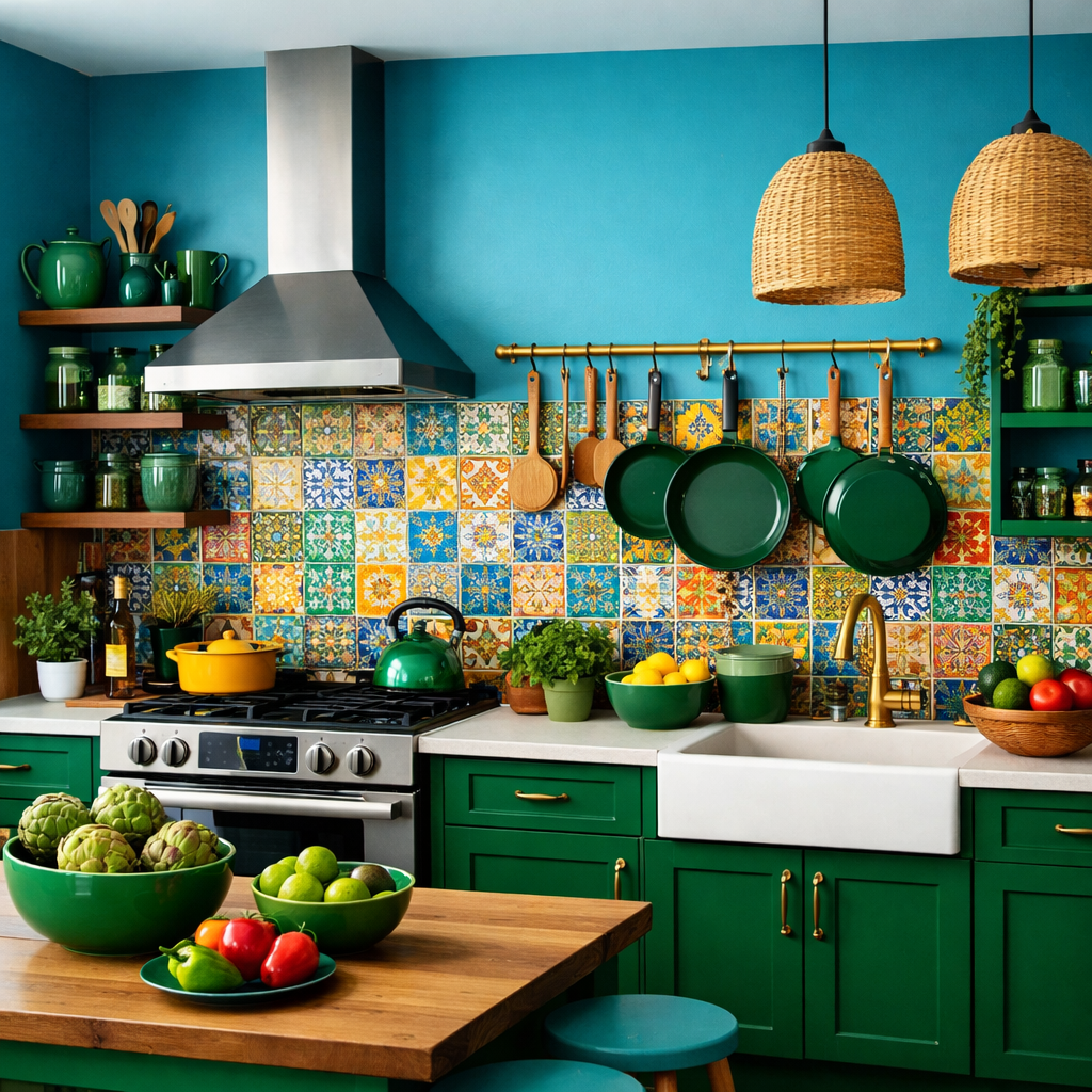 A vibrant kitchen featuring turquoise walls, emerald green cabinets, and a colorful tiled backsplash with fresh produce on the countertop.