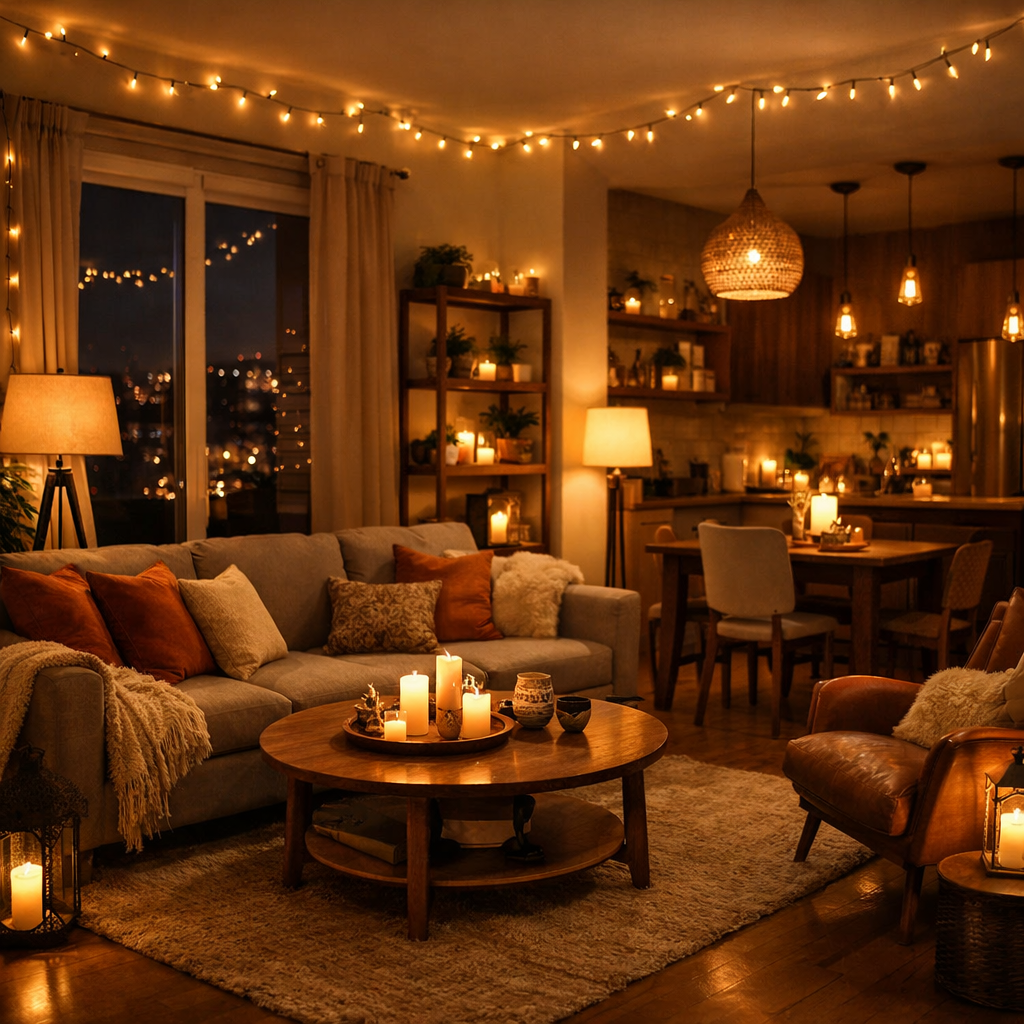 A cozy living room decorated with warm lighting, candles, and plush furnishings, creating a welcoming atmosphere.