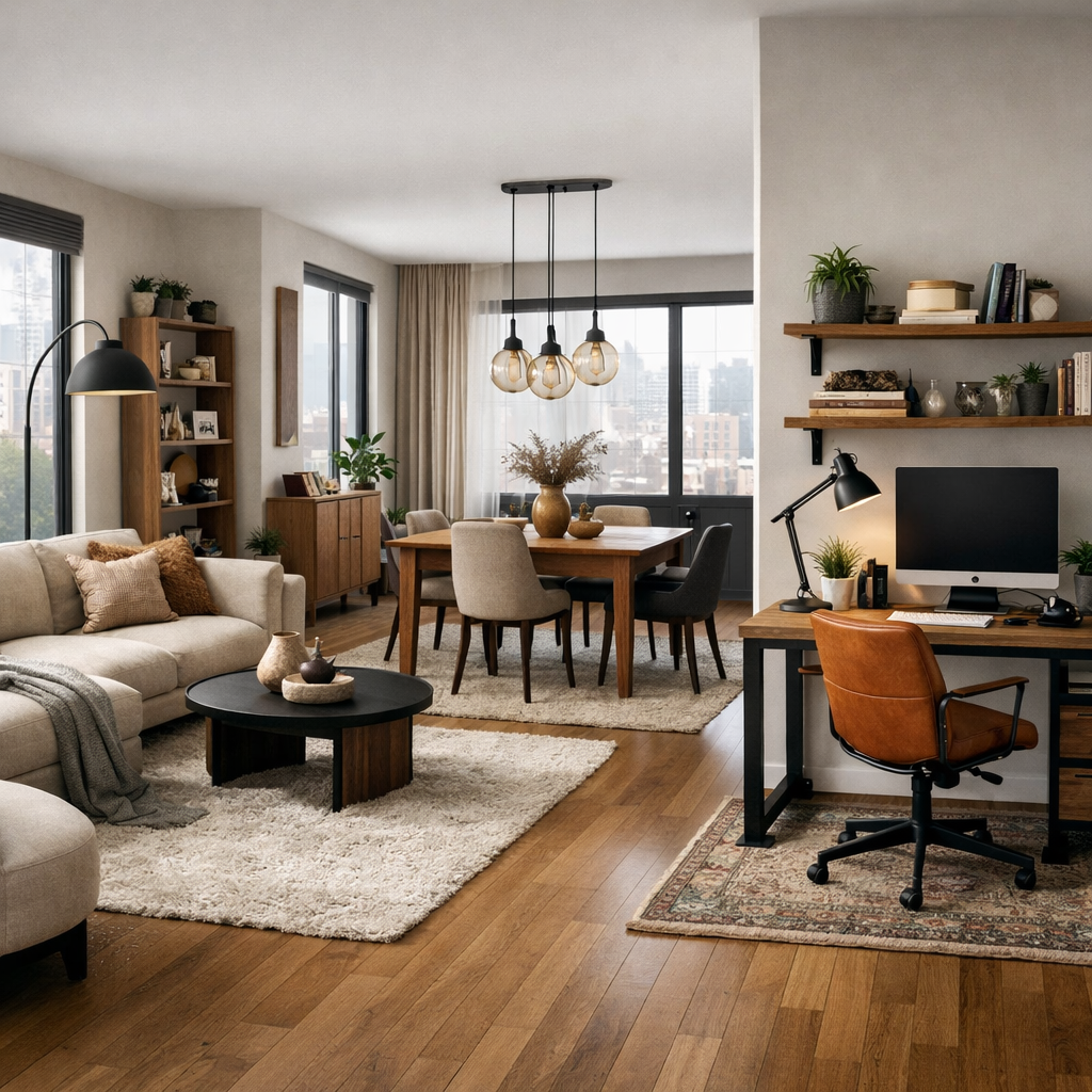 Contemporary apartment interior with distinct areas for living, dining, and home office, featuring a cozy sofa, dining table, and workspace.